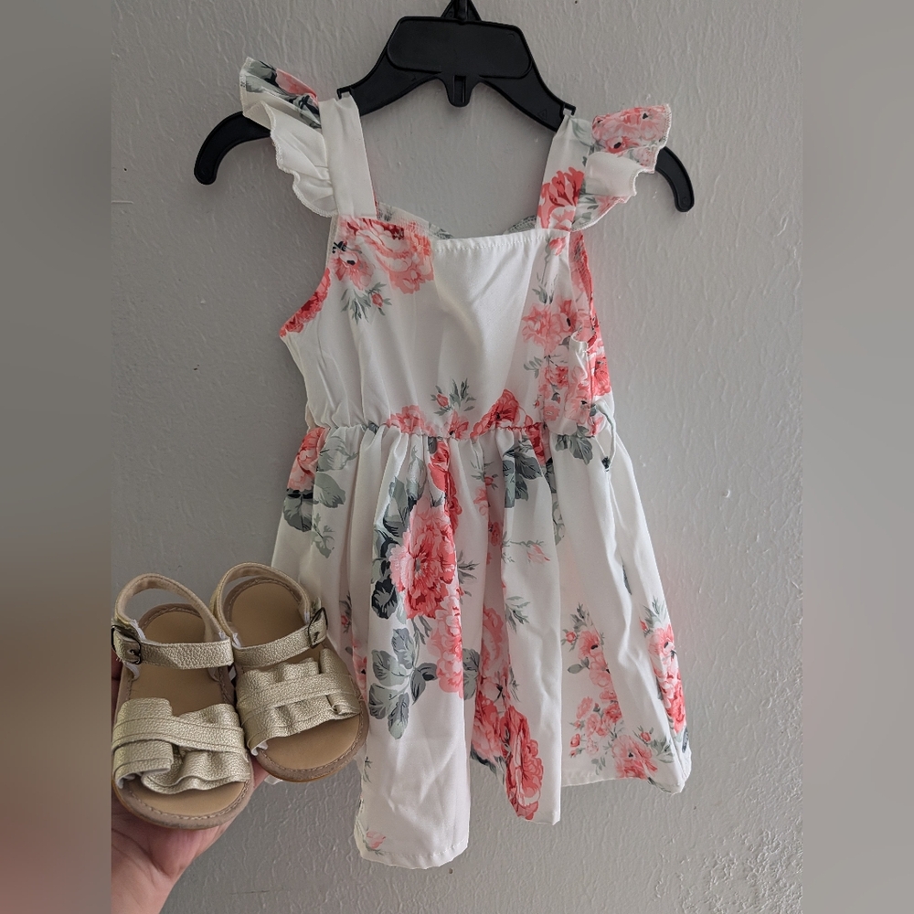 SHEIN White and Pink Floral Girl Dress And Sandals